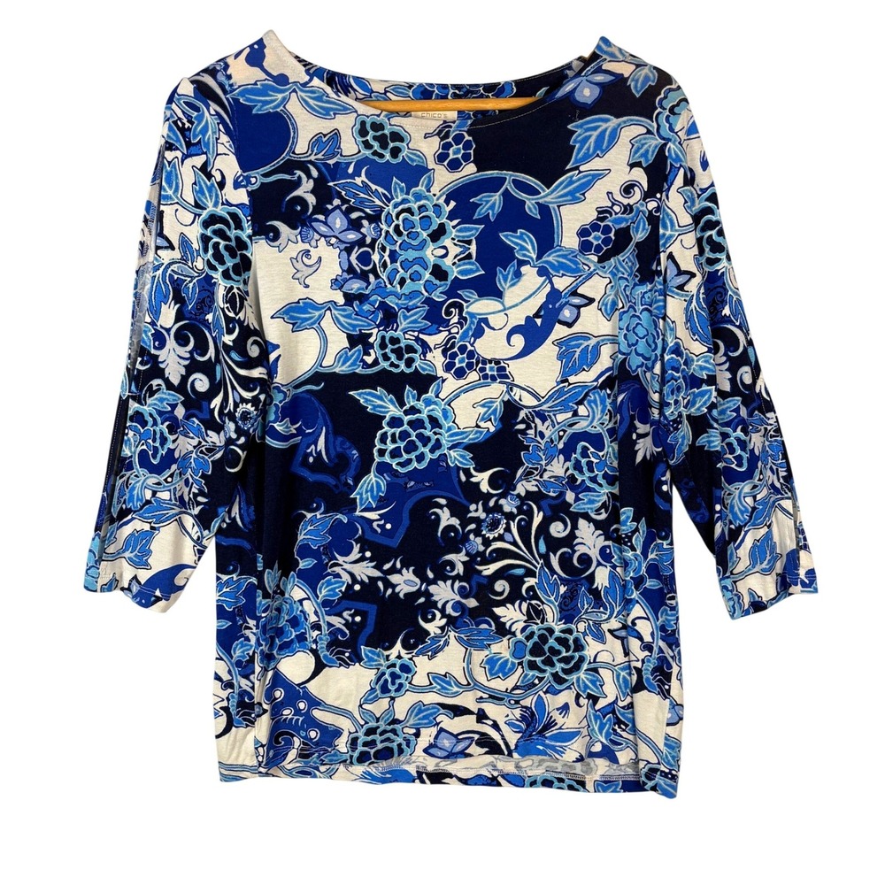 Chicos‎ 3/4 Sleeve Boat Neck Tunic Top 2 L Blue Floral Travel Boho Layer Spring